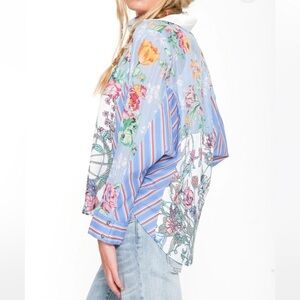 Aratta Silent Journey Wanna Feel Dolman Button Down Shirt Floral Stripe Boho Lrg